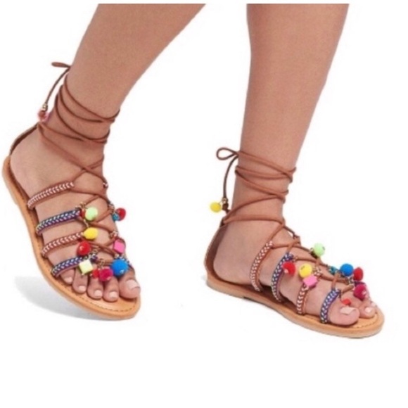 Mossimo Women’s Size 8.5 Gladiator Sandals Brown Boho Beaded Pom Pom Lace Up - Picture 7 of 12